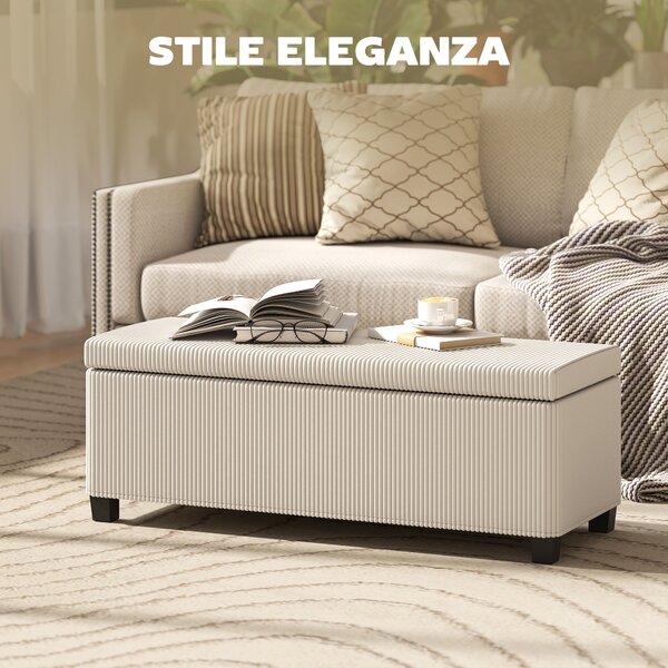 HOMCOM Panca Fondo Letto con Spazio Contenitore da 84L, in Tessuto Effetto Velluto a Coste e Acciaio, 112x42x40 cm, Beige | Aosom Italy
