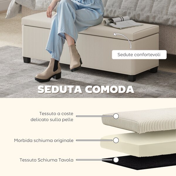HOMCOM Panca Fondo Letto con Spazio Contenitore da 84L, in Tessuto Effetto Velluto a Coste e Acciaio, 112x42x40 cm, Beige | Aosom Italy