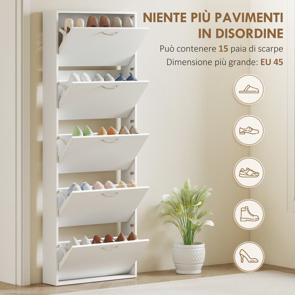 HOMCOM Mobile Scarpiera a 5 Ante Antiribaltamento, in Legno, 65x17x180.5 cm, Bianco | Aosom Italy