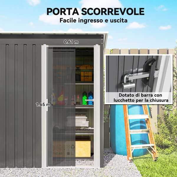 Outsunny Capanno Attrezzi con Tetto Inclinato e Porta Scorrevole, in Acciaio e PP, 163x89x182 cm, Grigio Chiaro | Aosom Italy