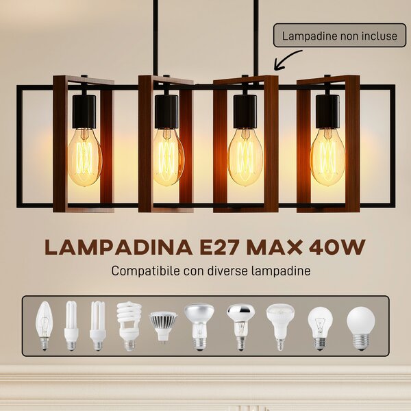 HOMCOM Lampadario a Sospensione Rustico con 4 Cornici Girevoli e Catena Regolabile, 80x21x90-130 cm, Nero e Marrone | Aosom Italy