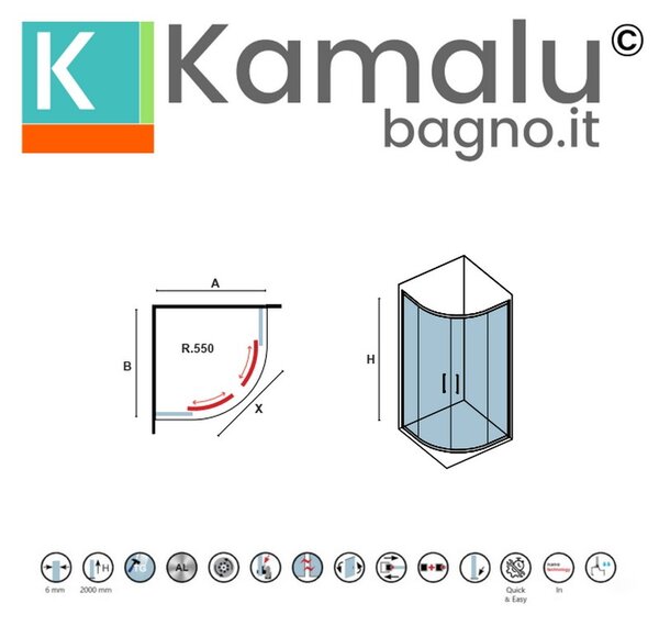 Kamalu box doccia 90x90 semicircolare altezza 200h finitura cromo | kz2000