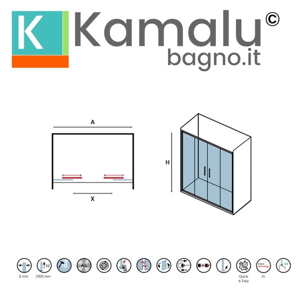 Kamalu porta doccia doppio scorrevole 160cm altezza 200cm finitura cromo| kz6000