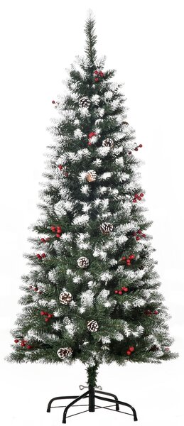 HOMCOM Albero di Natale Innevato Artificiale con Bacche Rosse e Pigne Bianche, Base Rimovibile Pieghevole, 408 Rami, Φ53x150cm
