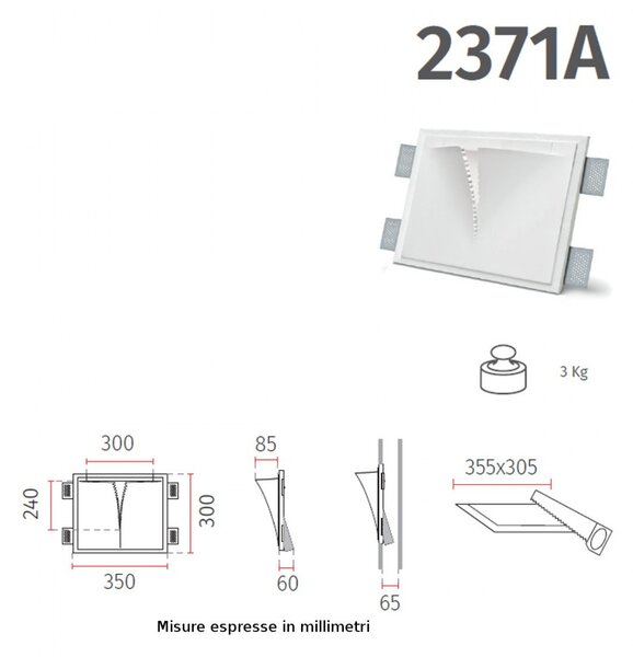 Applique incasso gesso belfiore 9010 spakko zig 2371a 35 gu10 led lampada parete cartongesso muratura - Belfiore - 9010