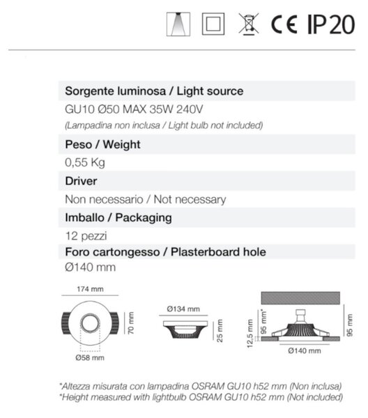 Faretto incasso gesso neo luce 9010 belfiore 0036 gu10 led lampada soffitto ottica fissa cartongesso - Belfiore - 9010