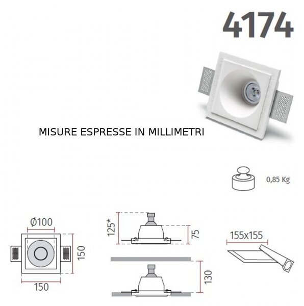 Faretto incasso gesso belfiore 9010 auriga 4174.35 gu10 led ip20 lampada soffitto cartongesso muratura - Belfiore - 9010