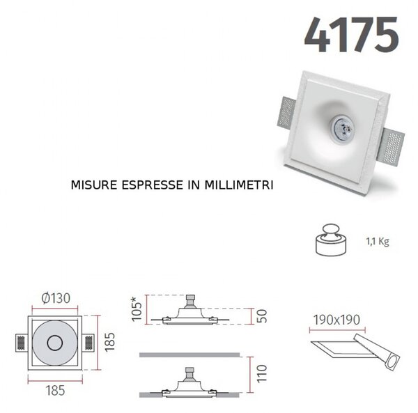 Faretto incasso gesso 9010 belfiore gru 4175.35 gu10 led ip20 lampada soffitto cartongesso muratura - Belfiore - 9010
