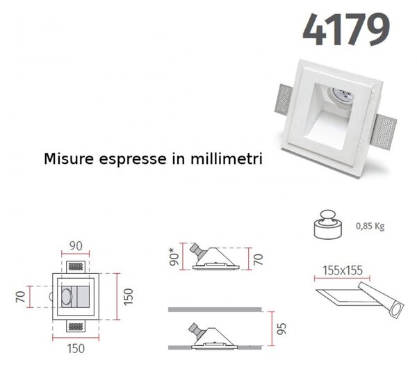 Faretto incasso gesso belfiore 9010 pegaso 4179.35 gu10 led ip20 lampada parete segnapasso cartongesso muratura - Belfiore - 9010