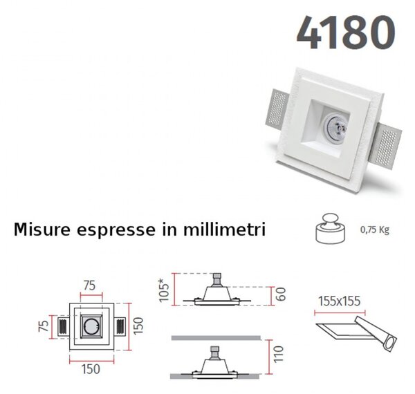 Faretto incasso gesso belfiore 9010 cassiopea 4180.35 gu10 led ip20 lampada soffitto soffitto cartongesso muro - Belfiore - 9010