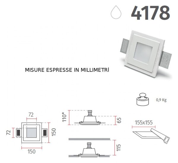 Faretto incasso gesso belfiore 9010 andromeda 4178.35 gu10 led ip44 ip20 lampada soffitto cartongesso muratura - Belfiore - 9010