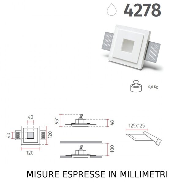 Faretto incasso gesso belfiore 9010 andromeda small 4278.35 gu10 led ip44 lampada soffitto cartongesso muratura - Belfiore - 9010