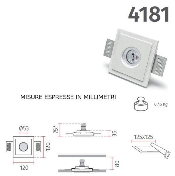Faretto incasso gesso belfiore 9010 perseo 4181.35 gu10 led ip20 lampada soffitto parete cartongesso muratura - Belfiore - 9010