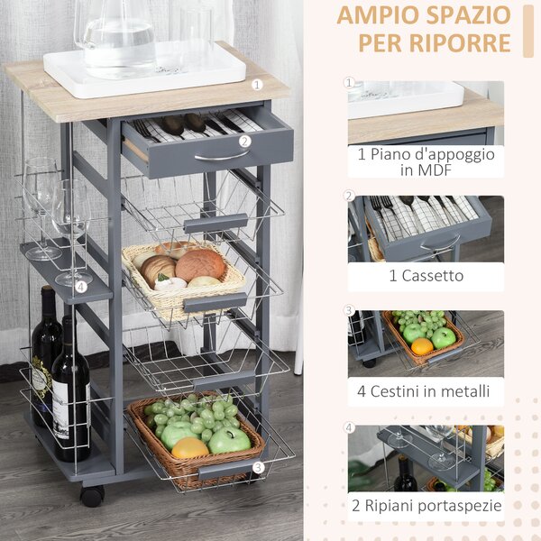 HOMCOM Carrello da Cucina Salvaspazio in Grigio Scuro, Portavivande con 1 Piano di Lavoro 1 Cassetto e 4 Cestelli Metallici, 47x37x83cm|Aosom