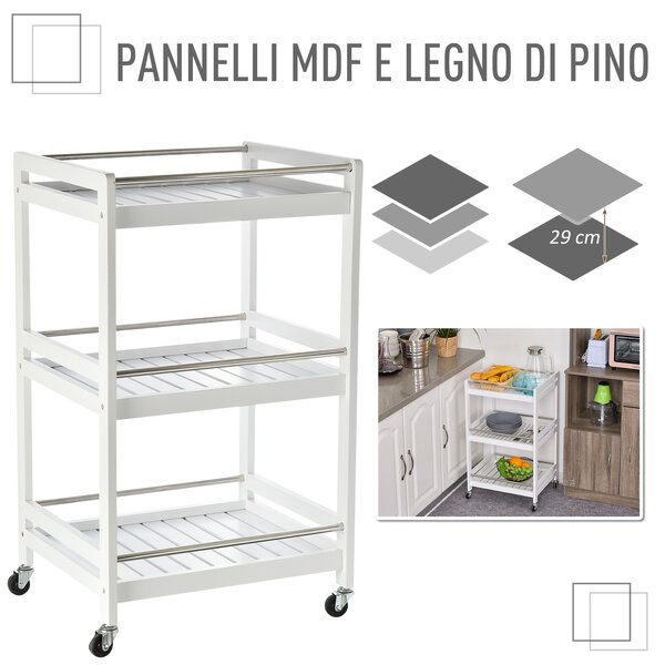 HOMCOM Carrello Moderno da Cucina Salvaspazio con 3 Ripiani e 4 Ruote 360°, in Legno e Acciaio Inox, Bianco, 45 x 38 x 78cm|Aosom Italy