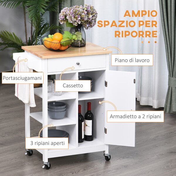 HOMCOM Carrello da cucina con cassetto armadio e ripiani aperti, carrelli portavivande con 4 route a 360°, di legno bianco 66 x 39,5 x 86,5|Aosom