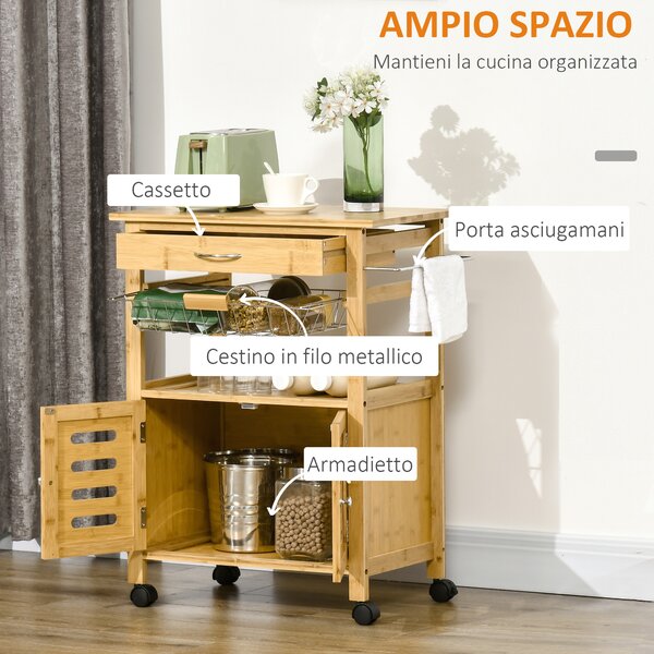 Carrello Di Servizio HOMCOM Con Ruote - 2 Ripiani, Cestino, Cassetto, Legno Di Pino E MDF, Grigio/Rovere - Foto 6