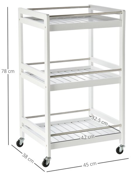 HOMCOM Carrello Moderno da Cucina Salvaspazio con 3 Ripiani e 4 Ruote 360°, in Legno e Acciaio Inox, Bianco, 45 x 38 x 78cm|Aosom Italy