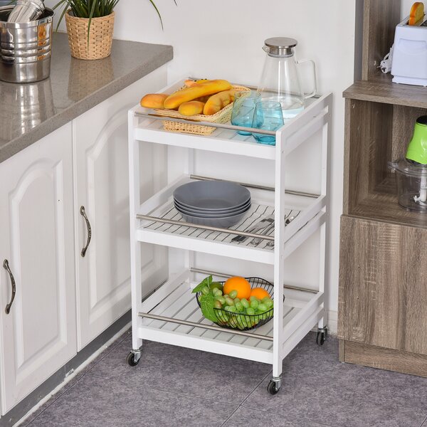 HOMCOM Carrello Moderno da Cucina Salvaspazio con 3 Ripiani e 4 Ruote 360°, in Legno e Acciaio Inox, Bianco, 45 x 38 x 78cm|Aosom Italy
