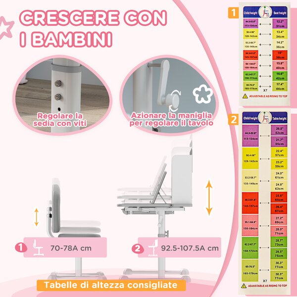 AIYAPLAY Set Tavolo e Sedie per Bambini 6-12 Anni, Scrivania con Altezza Regolabile e Sedia Inclinabile, Set Studio Ergonomico, Grigio | Aosom Italy