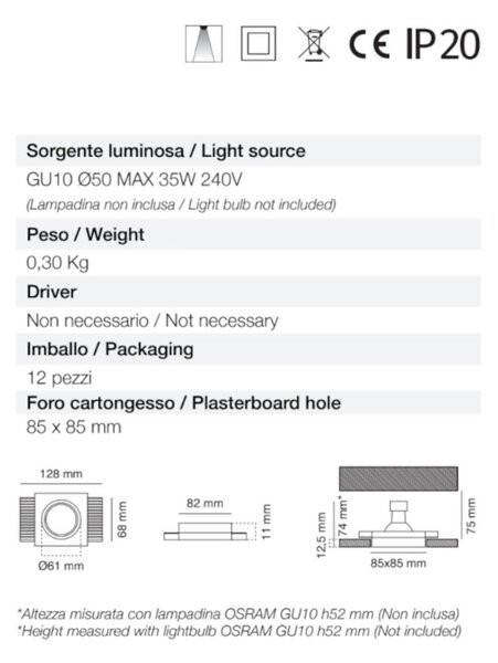 Faretto incasso gesso 9010 belfiore neo luce 0029.35 gu10 led lampada soffitto cartongesso - Belfiore - 9010