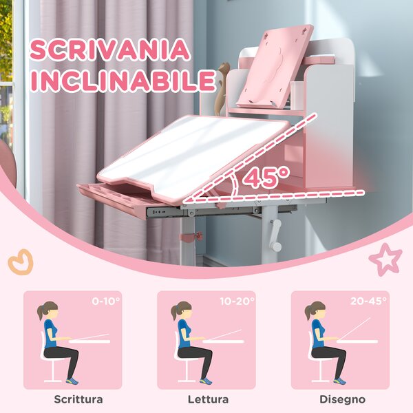 AIYAPLAY Set Tavolo e Sedie Regolabili per Bambini 3-12 anni con Piano Inclinabile e Cassetto, Libreria e portapenne, Rosa|Aosom Italy