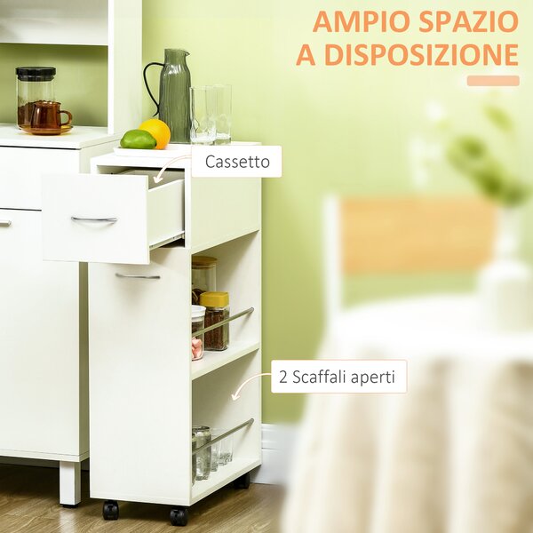 HOMCOM Carrello da Cucina in Truciolato e Acciaio Inox con 2 Ripiani Aperti, Cassetto Estraibile e Parapetti Anticaduta, 25x50x85 cm, Bianco|Aosom