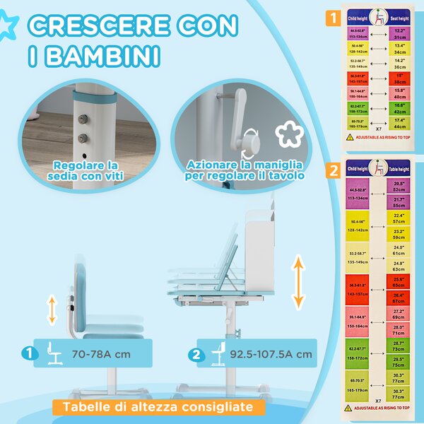 AIYAPLAY Set Scrivania e Sedia Regolabili per Bambini con Piano Inclinabile e Cassetto Scaffale Ergonomico Blu per Studio e Gioco |Aosom