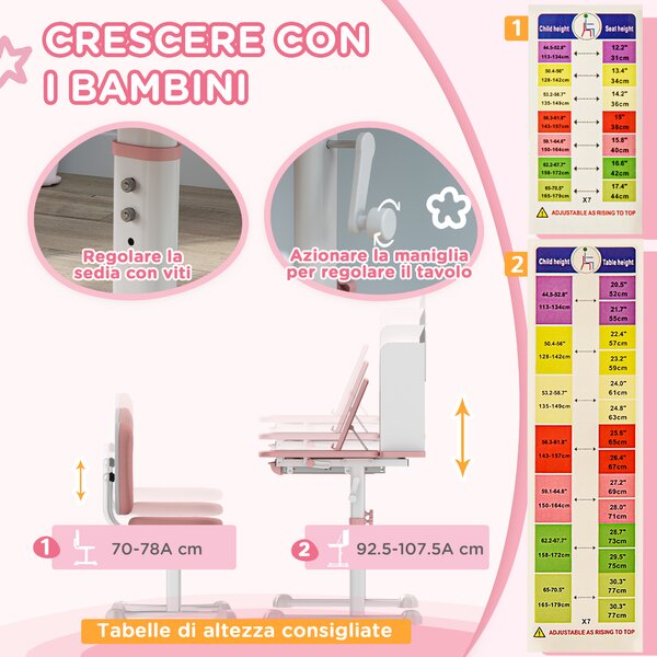 AIYAPLAY Set Tavolo e Sedie Regolabili per Bambini 3-12 anni con Piano Inclinabile e Cassetto, Libreria e portapenne, Rosa|Aosom Italy