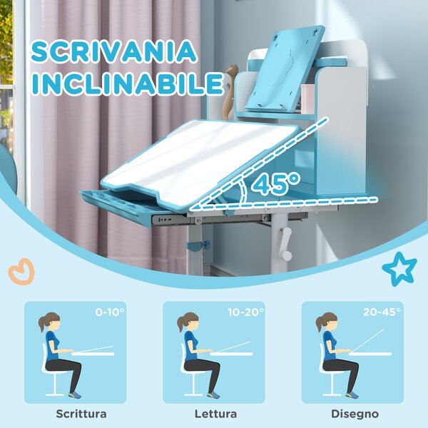 AIYAPLAY Set Scrivania e Sedia Regolabili per Bambini con Piano Inclinabile e Cassetto Scaffale Ergonomico Blu per Studio e Gioco |Aosom