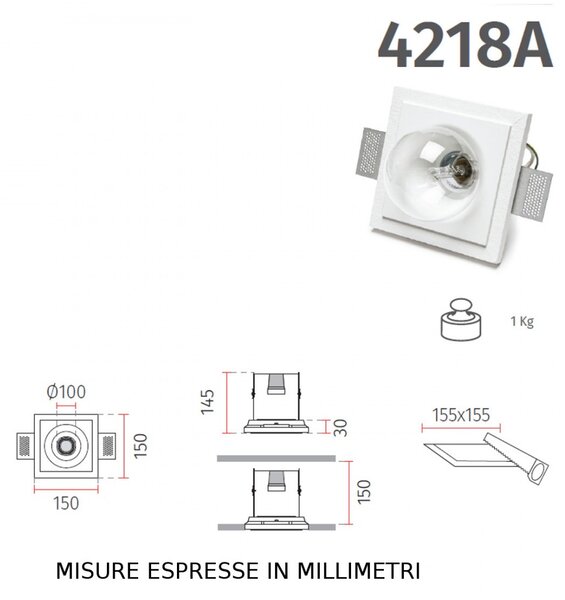 Faretto incasso gesso 9010 belfiore quark 4218a.39 e27 led lampada parete soffitto - Belfiore - 9010