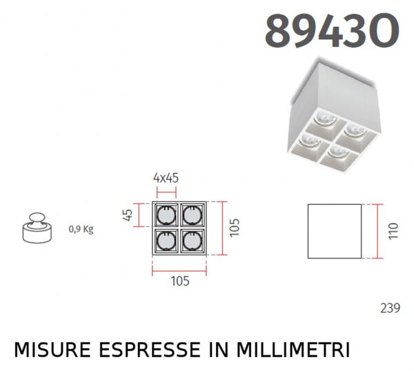 Plafoniera gesso belfiore 9010 banister quadro 8943o.35 gu10 led lampada soffitto - Belfiore - 9010