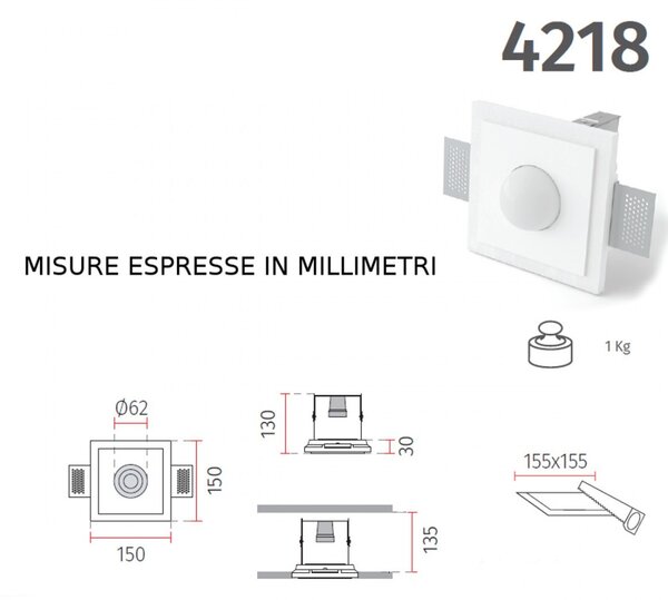 Faretto incasso gesso 9010 belfiore quirk 4218.39 e27 led lampada parete soffitto - Belfiore - 9010