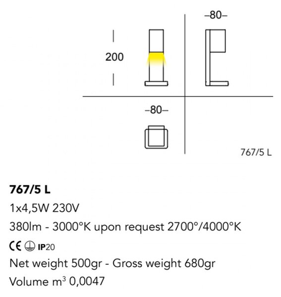 Abat-jour moderna cattaneo cubick 767 5l led orientabile monoemissione - Cattaneo Illuminazione