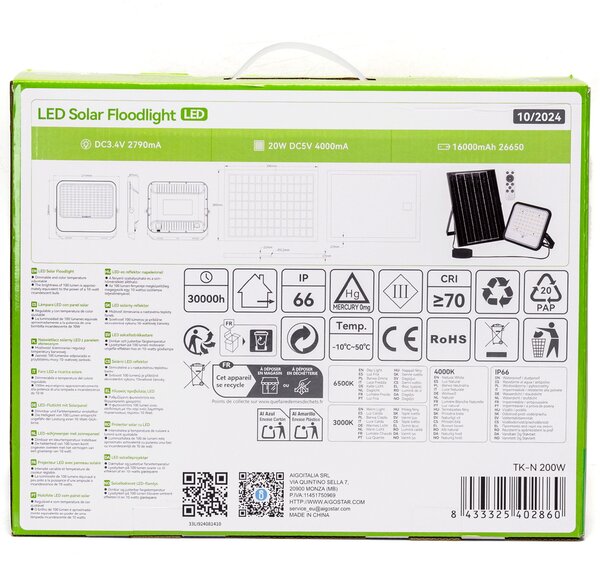Faro Led 200W Grigio con pannello solare IP66 CCT temperatura colore regolabile Dimmerabile con telecomando e con sensore crepuscolare Aigostar