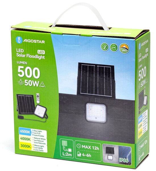 Faro Led 50W Grigio con pannello solare IP66 CCT temperatura colore regolabile Dimmerabile con telecomando e con sensore crepuscolare Aigostar