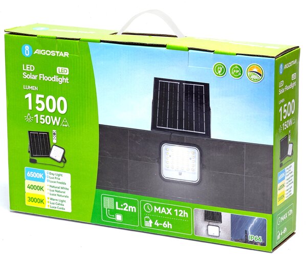 Faro Led 150W Grigio con pannello solare IP66 CCT temperatura colore regolabile Dimmerabile con telecomando e con sensore crepuscolare Aigostar