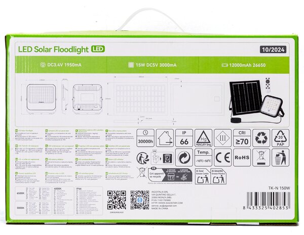 Faro Led 150W Grigio con pannello solare IP66 CCT temperatura colore regolabile Dimmerabile con telecomando e con sensore crepuscolare Aigostar