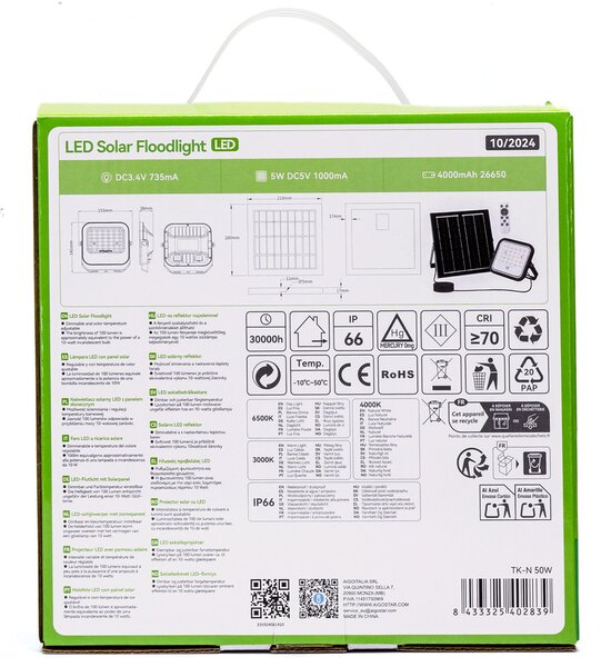 Faro Led 50W Grigio con pannello solare IP66 CCT temperatura colore regolabile Dimmerabile con telecomando e con sensore crepuscolare Aigostar