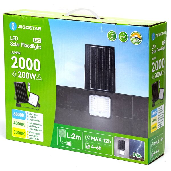 Faro Led 200W Grigio con pannello solare IP66 CCT temperatura colore regolabile Dimmerabile con telecomando e con sensore crepuscolare Aigostar