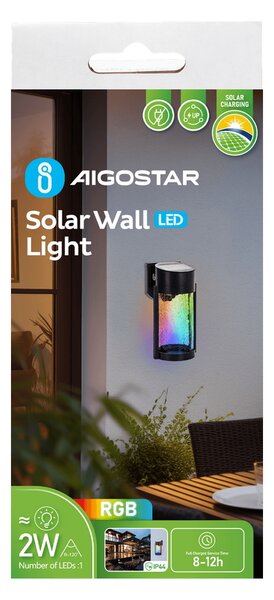 Applique Led 2W Nero con pannello solare IP65 RGB con sensore crepuscolare Aigostar