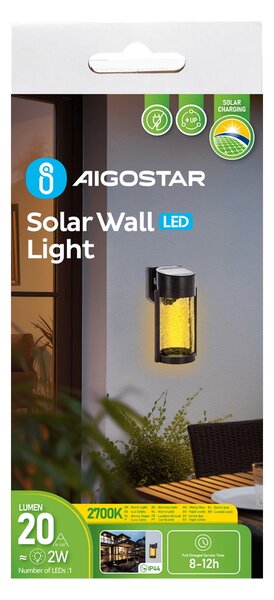 Applique Led 2W Nero con pannello solare IP65 Bianco caldo 2700K con sensore crepuscolare Aigostar