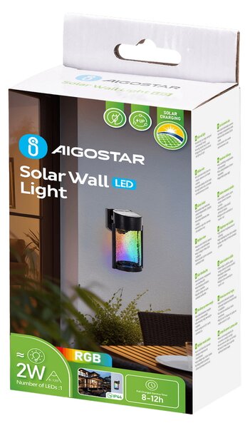 Applique Led 2W Nero con pannello solare IP65 RGB con sensore crepuscolare Aigostar