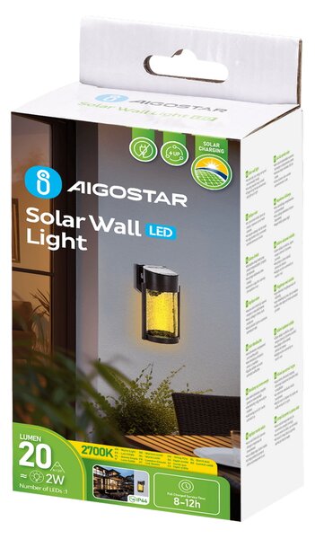 Applique Led 2W Nero con pannello solare IP65 Bianco caldo 2700K con sensore crepuscolare Aigostar