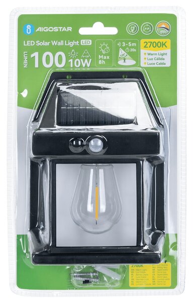 Applique Led 10W Nero con pannello solare IP65 Bianco caldo 2700K con sensore crepuscolare e di movimento Aigostar