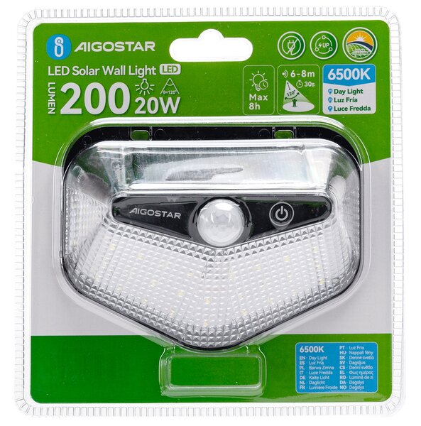 Applique Led multiangolo 20W Nero con pannello solare IP65 Bianco freddo 6500K con sensore crepuscolare e di movimento Aigostar