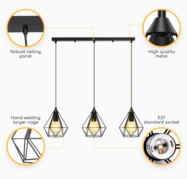 Lampadario da soffitto Triple Nero opaco 3 x E27 Aigostar