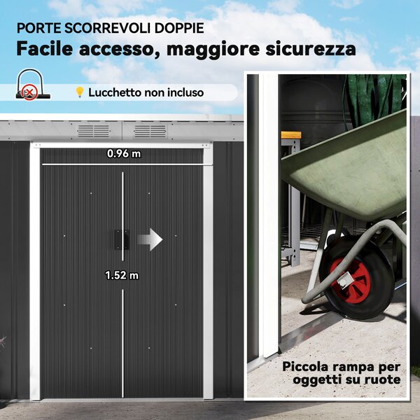 Outsunny Casetta da Giardino Porta Utensili in Lamiera di Acciaio con Porte Scorrevoli, 280x130x172cm, Grigio/Nero|Aosom