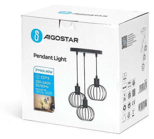 Lampadario da soffitto Trio Nero opaco 3 x E27 Aigostar