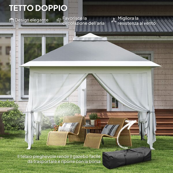 Outsunny Gazebo da Esterno ad Altezza Regolabile con Zanzariere, in Metallo e Tessuto Oxford, 3.3x3.3x2.8 m, Grigio Scuro